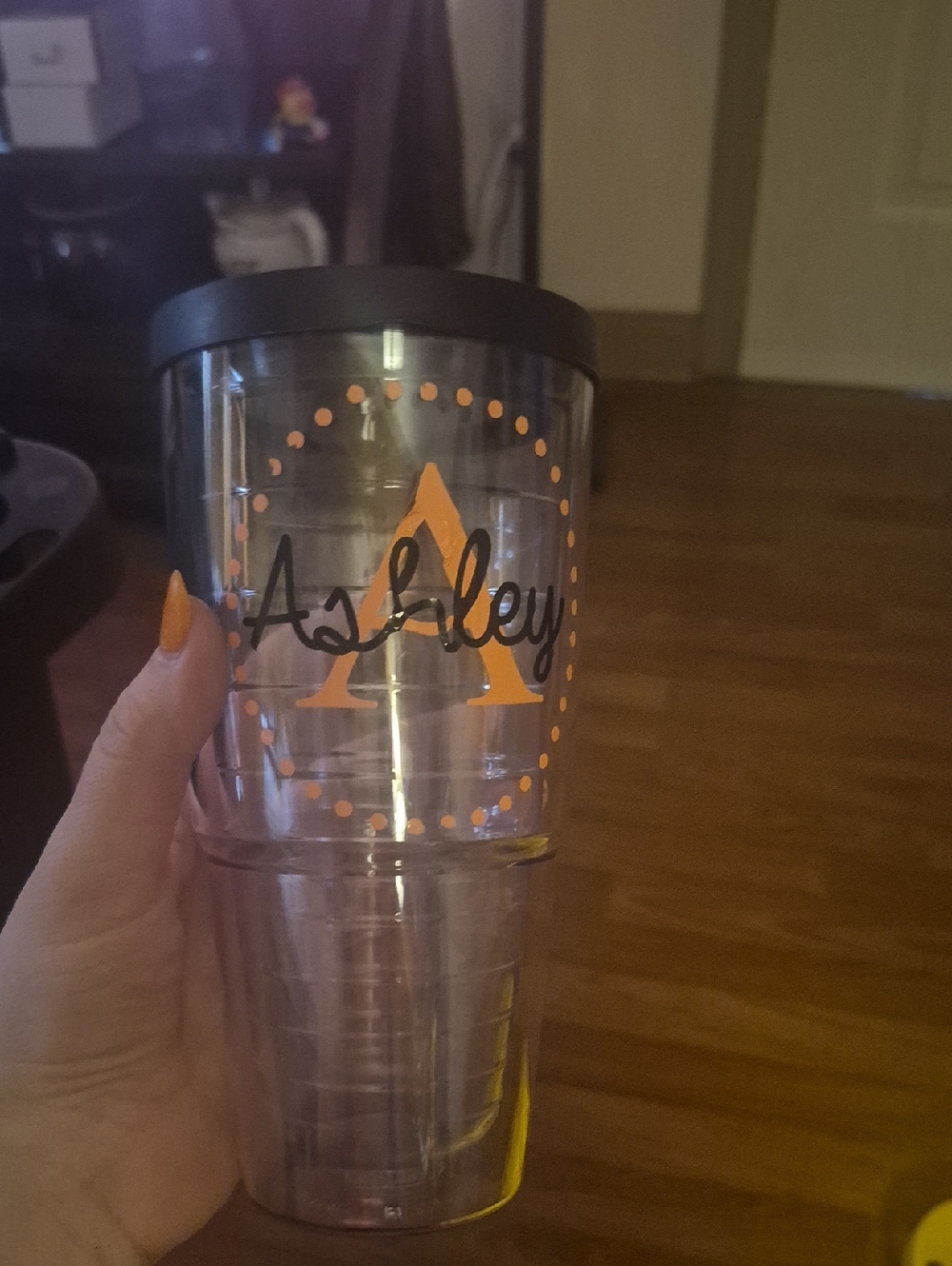 Personalized Clear Tumbler with Orange Monogram 'Ashley'